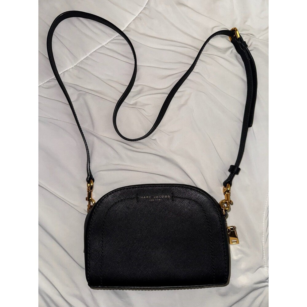 Marc Jacobs Playback Crossbody Bag Black Saffiano Leather Gold Dome Purse Small